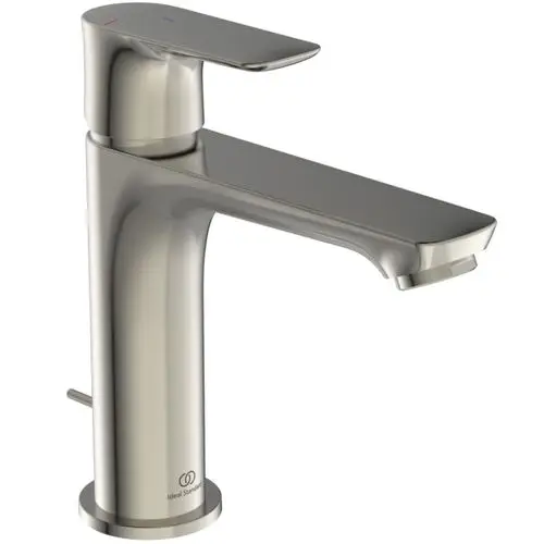 Einzelne Chrom-Armatur mit einem schmalen Auslauf und einem seitlichen Hebel zur Temperatur- und Durchflussregelung. Ideal Standard Logo am Sockel sichtbar.